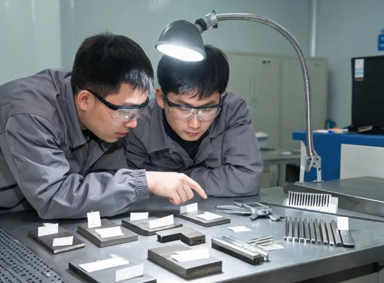 Engineers reviewing cut samples