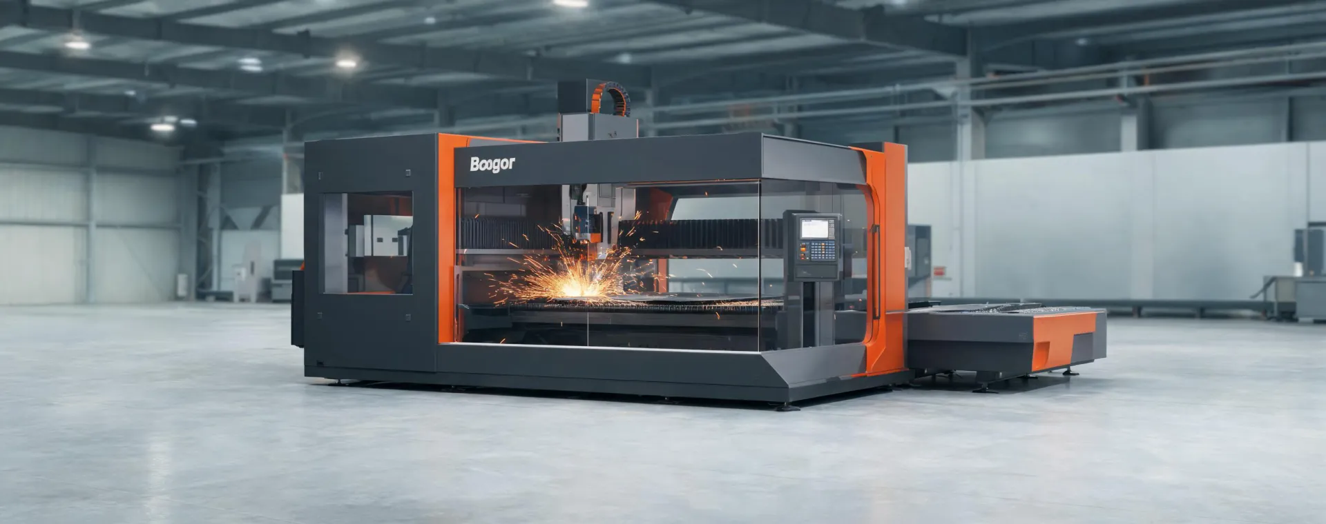 Enclosed Bodor fiber laser cutting a steel sheet